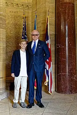 Robert "Woody" Johnson, US Ambassador to the UK, with his son 'Brick' Johnson, in the Chapel on Memorial Day 2018