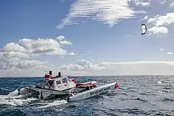 Francisco Lufinha starting the EDP Atlantic Mission at Cascais, Portugal heading to the Caribbean on his kiteboat.