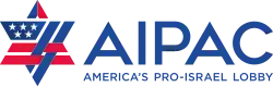 Logo of AIPAC, a Star of David in the style of U.S. flag followed by the organization's name and slogan
