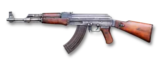 AK-47 assault rifle with curved magazine and wooden stock facing left