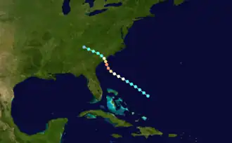 A map of the storm's track near the Southeastern US, featuring the storm taking a southeast to northwestward trajectory