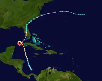 A map depicting the track of a hurricane that starts in the southern Caribbean, heads north towards Cuba, and completes a counter-clockwise loop in the extreme southern Gulf of Mexico. It then proceeds northeastward through the Florida Peninsula and ultimately dissipates over the Atlantic.