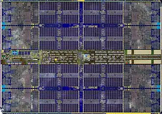 Die shot of one of the 8 other dies on the processor, after metallization etching