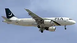 An Airbus A320 of Pakistan International Airlines viewed from the right