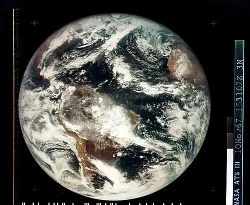 NASA's first color photo (digital image mosaic) of Earth, imaged in 1967 by ATS-3, was used as the cover of Whole Earth Catalog's first edition.