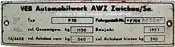 AWZ P70 serial number plate