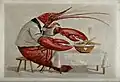 A lobster seated at a table, serving itself from a bowl of salad (Wellcome Library).