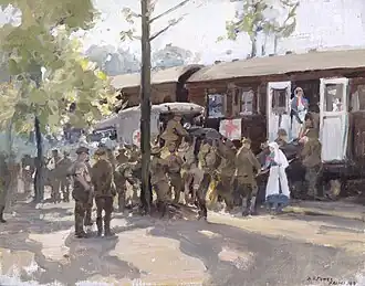 A Red Cross Train, France; wounded British soldiers are transferred from a motor ambulance to a Red Cross train, 1918, artist Harold Septimus Power
