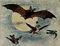 A bat and three fully dressed birds flying by moonlight (Wellcome Library).