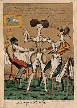 "Lacing a Dandy," a satirical cartoon of a man being laced into a corset, 1819