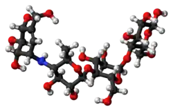 Ball-and-stick model of the acarbose molecule