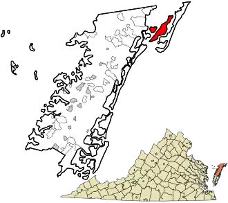 Location of Chincoteague in Accomack County, Virginia and of Accomack County in Virginia