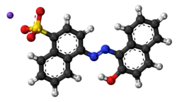 Ball-and-stick model of the component ions of acid red 88