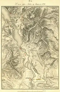 Combat of Lecco A – Shveikovsky and Vukassovich on the night of 25–26 April B – Bagration upon the occupation of Lecco C – Soyez's detachment retreating from Lecco C' – A French column, sent to bypass Bagration D – Dendrygin's battalion, which arrived with Miloradovich E – 2 battalions of Rosenberg's and Baranovsky's regiments, who arrived with Shveikovsky F – Russian artillery left under cover of Baranovsky's battalion G – The main column of Russians on the move towards Lecco H – Vukassovich on the move to Brivio I – French posts protecting the crossings In all, approx. 5,000 French and approx. 19,000 allies (4,993 allies engaged).[41]