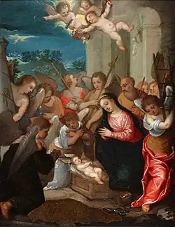 Adoration with Angels and Putti carrying the tools of the Passion