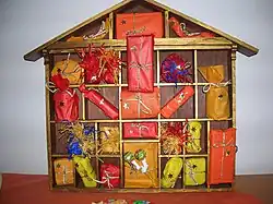 A home-made Advent calendar featuring presents