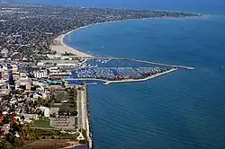 Aerial view of Racine lakefront with Wind Point in background