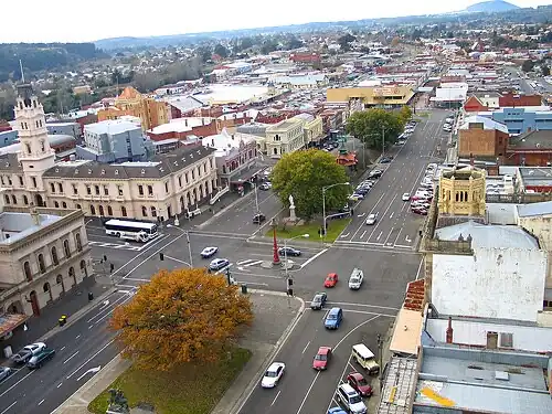 Looking east over Sturt Street and the CBD toward Bridge Mall and Bakery Hill from Ballarat Town Hall clock tower