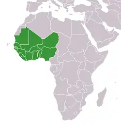 Countries of West Africa highlighted in the map of Africa.
