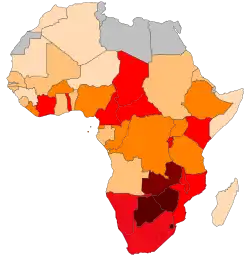 Map of Africa colored according to the percentage of the adult (ages 15–49) population with HIV/AIDS.[38]