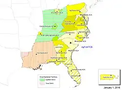 A map highlighting, in various colors and patterns, most of the states of Alabama, Delaware, Florida, Georgia, Maryland, Mississippi, North Carolina, Pennsylvania, South Carolina, Virginia, West Virginia, Kentucky, Louisiana, Ohio, Tennessee, as well as the District of Columbia and Puerto Rico.