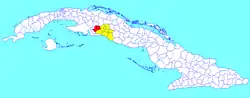 Aguada municipality (red) within Cienfuegos Province (yellow) and Cuba