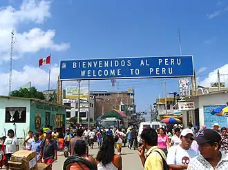 Sign welcoming people entering Peru and Aguas Verdes, located on the town's main street and right after crossing the international bridge