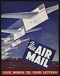 U.S. Airmail poster, 1949-1958. The Post Office Department poster advertized airmail service proclaiming “Use Air Mail. Give Wings to Your Letters.” Several airmail envelopes bearing 6-cent postage stamps wing their way across a hilly landscape and speed their way to their destination, “Mr. & Mrs. America, Anywhere, USA.” From 1918 to 1977, the domestic airmail service and rate structure offered postal customers the option to send their mail via airplanes. More expensive than a first class letter, businesses were the initial adopters to choose airmail for transport of time-sensitive items. As the spending power of Americans’ grew so did the network of airmail routes, and as rates fell, more people opted for airmail service for both their special and regular correspondence.