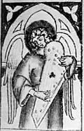 (Kingdom of Bohemia, 14th century). Picture of an unusual type of psaltery, found in Central Europe. Labeled "Bohemian wing" psaltery in Grove Dictionary of Musical Instruments.[1]