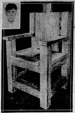 Alabama's electric chair, pictured against a black background and photographed shortly after its installation at Kilby Prison in 1927. The upper left contains an insert with a mugshot of Edward "Ed" Mason, the inmate and carpenter who was tasked with building the chair.