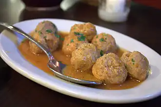 Albondigas are small meatballs prepared in the cuisines of Mexico, Spain and South America.[16] Pictured is albondigas in Spain.