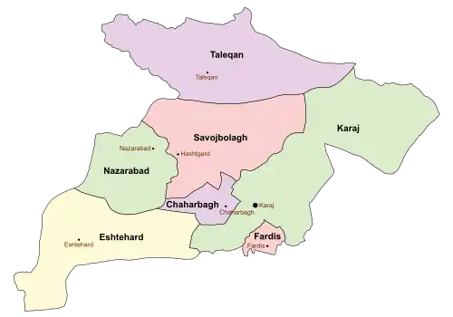 Location of Karaj County in&nbsp;Alborz&nbsp;province (right,&nbsp;green)
