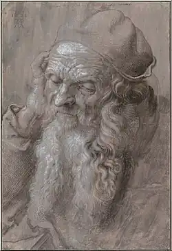 Head of an Old Man, 1521, brush, ink, heightened w/ gouache, on gray-violet prepared paper, 41.5&nbsp;×&nbsp;28.2&nbsp;cm, Albertina (3167). Study for the St. Jerome