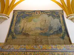 Galleon tapestry depicting pineapples. Alcazar Palace, Seville, Spain.