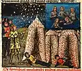 Folio 72v.: Alexander’s tents on fire, and amphibious men and women standing in water.