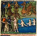 Folio 90r.: Alexander fighting a crowned dragon; long-haired women emerging from a river.