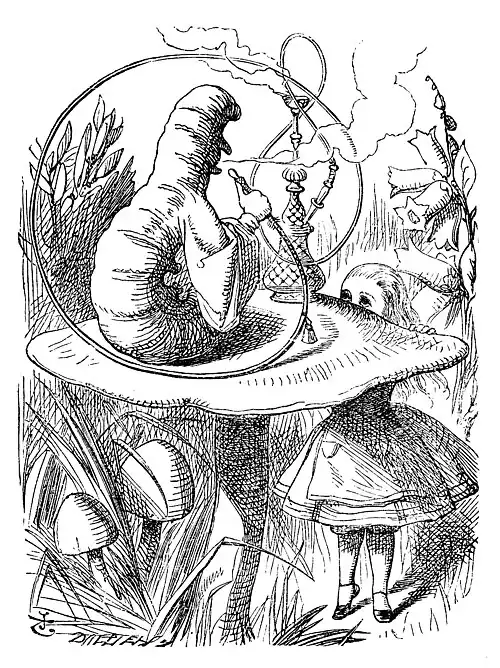 Drawing of the back an anthropomorphic caterpillar, seated on a toadstool amid grass and flowers, blowing smoke from a hookah; a blonde girl in an old-fashioned frock is standing on tiptoe to peer at the caterpillar over the toadstool's edge