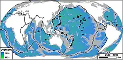 Map of the world's oceans with dots marking locations where Alicella had been collected. The dots are concentrated throughout the Pacific Ocean with a few scattered elsewhere.