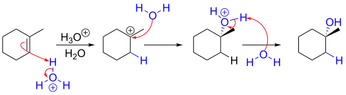 Hydration reaction mechanism from 1-methylcyclohexene to 1-methylcyclohexanol.