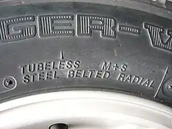 Sidewall bearing the M+S tire code for "Mud and Snow".