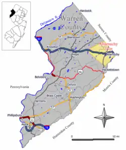 Location of Allamuchy Township in Warren County highlighted in yellow (right). Inset map: Location of Warren County in New Jersey highlighted in black (left).
