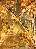 Ceiling. Around the keystone, from bottom left (cw): Nativity of Jesus, Annunciation, the Four Evangelists, Presentation in the Temple, ?