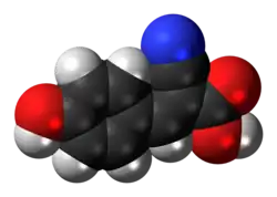 Space-filling model of the α-cyano-4-hydroxycinnamic acid molecule