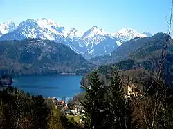 View from Neuschwanstein castle, with Schloss Hohenschwangau visible in the lower right
