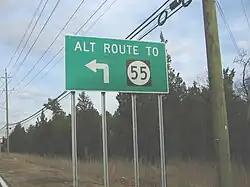 A green sign along a road lined with trees and power lines reading alt route to Route 55 with an arrow pointing to the left