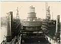 Fig. 6 Upper storeys loaded onto offshore lift platform at Kiel.