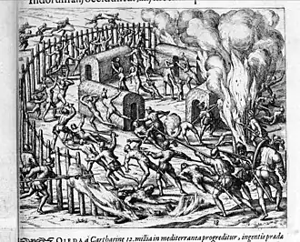 (Alphonso de) Hoieda murders Indians in hopes of finding their gold - Americae pars Quarta, 1594