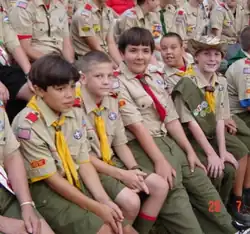 Image 23American Boy Scouts at summer camp in 2002. In the front row, the first three boys have made Eagle Scout and the 4th is one requirement away.