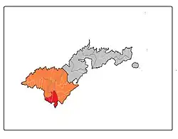 Map of Tutuila where Tuālātai County is highlighted in red, while the Western District is marked in orange.