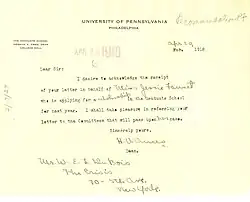 A 1918 note from Ames to W.E.B. DuBois concerning a student recommendation